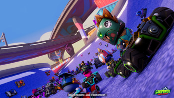 Screenshot from Stampede: Racing Royale, featuring multiple karts and characters 
