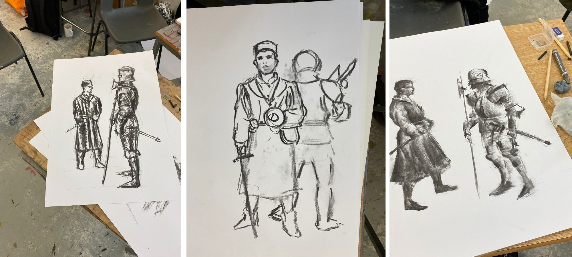 A collage of pencil sketches depicting people in medieval clothing